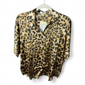 See U Soon NWT Leopard Print Oversized Dolman Short Sleeve Satin Blouse